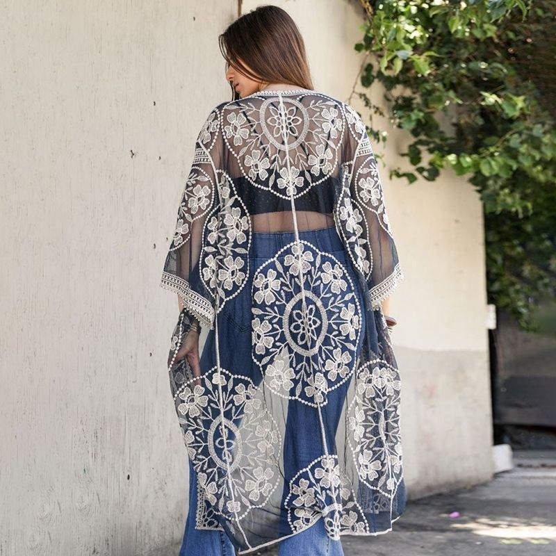Women's Clothing Lace Sun Protection Clothing Elegant Lace Beach Cover-Up Sun Protection Kimono For Women - Lightweight Swimwear Sheer Overshirt_voghion.com