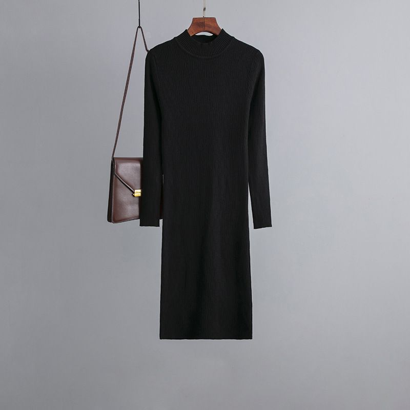 Vêtements pour femmes Sac coupe ajustée robe en tricot à col mi-haut pour femmes automne et hiver à l'extérieur porter une robe pull mi-longue mi-longue aux genoux_voghion.com