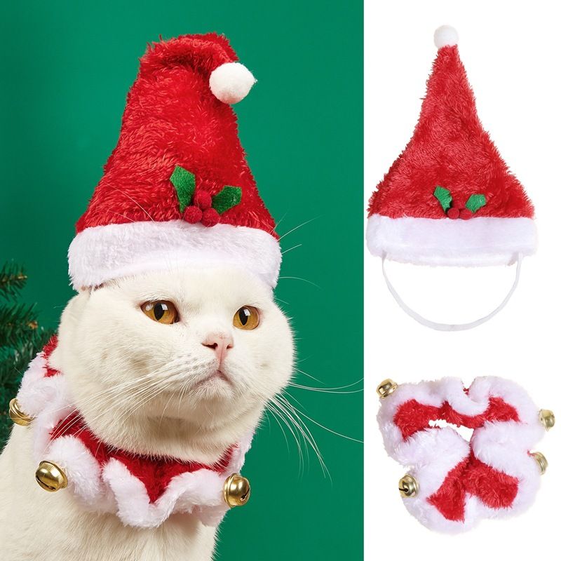 Christmas flannel hat collar bell fur ball red white wave elastic dog cat pet accessories set_voghion.com