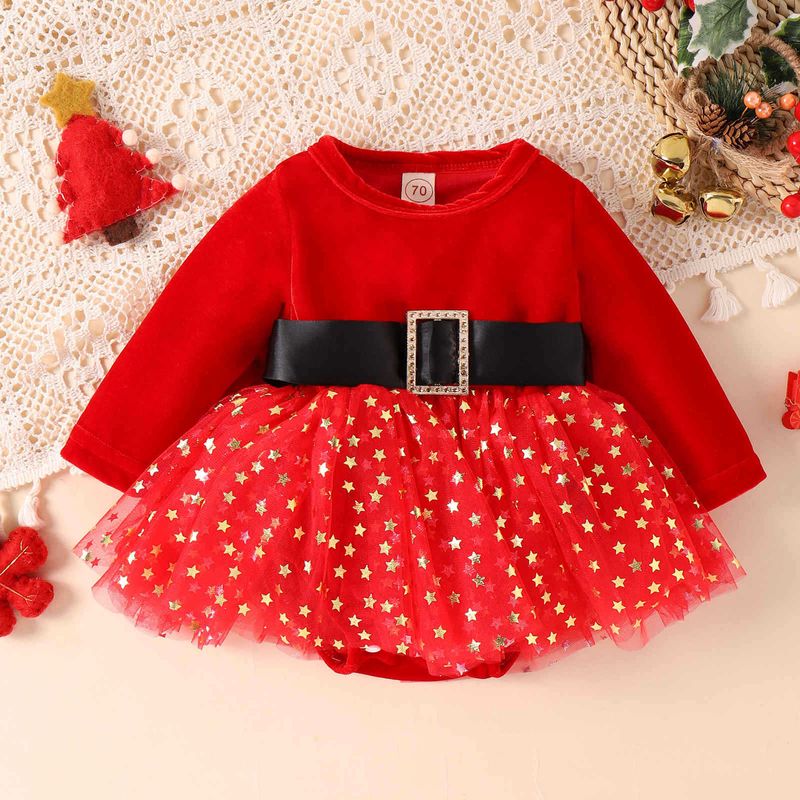kid's clothing Christmas girl Autumn/Winter golden velvet long sleeve patchwork star sequin gauze fart dress_voghion.com