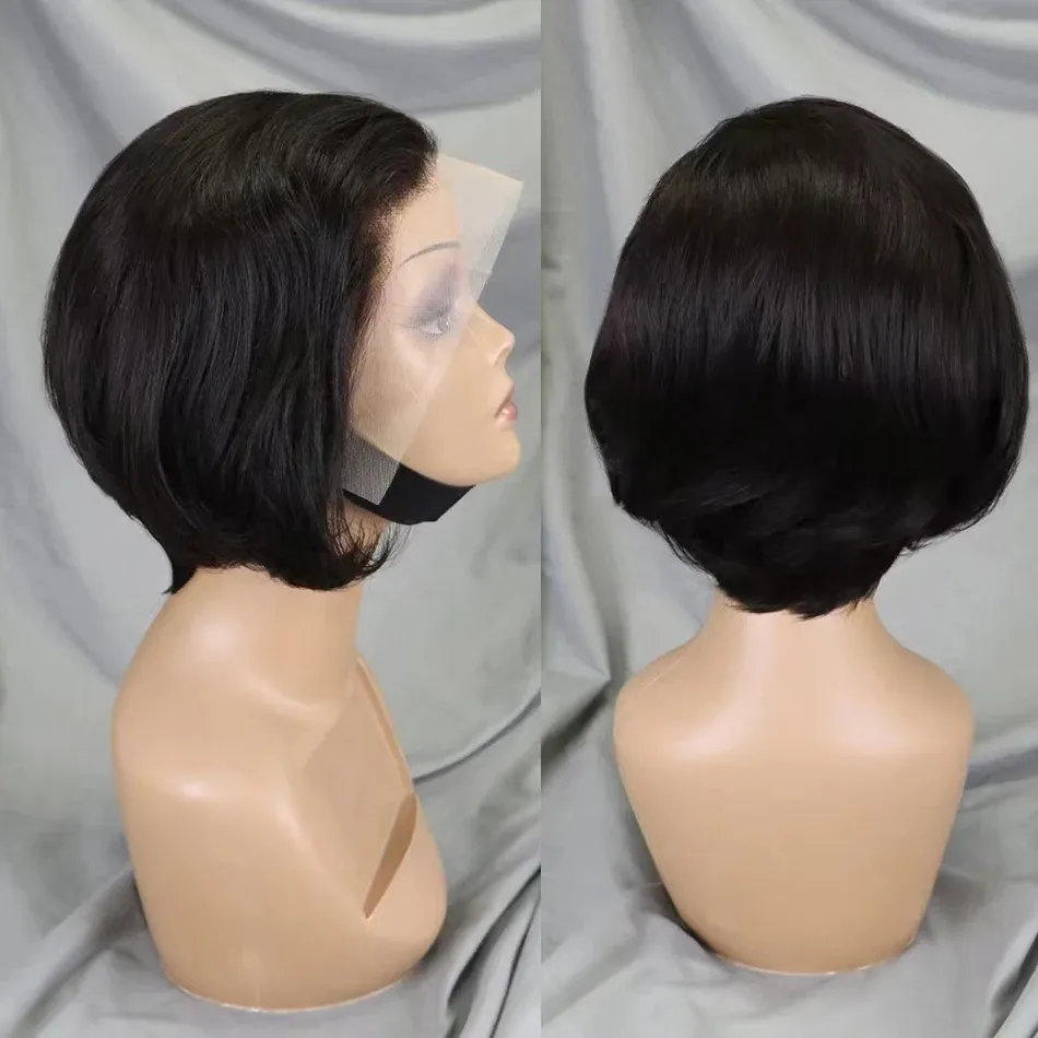 Pixie Cut Lace Front Human Hair Bob Perück Preplucked Babyhoer 13X4 Transparent fir schwaarz Fraen_voghion.com