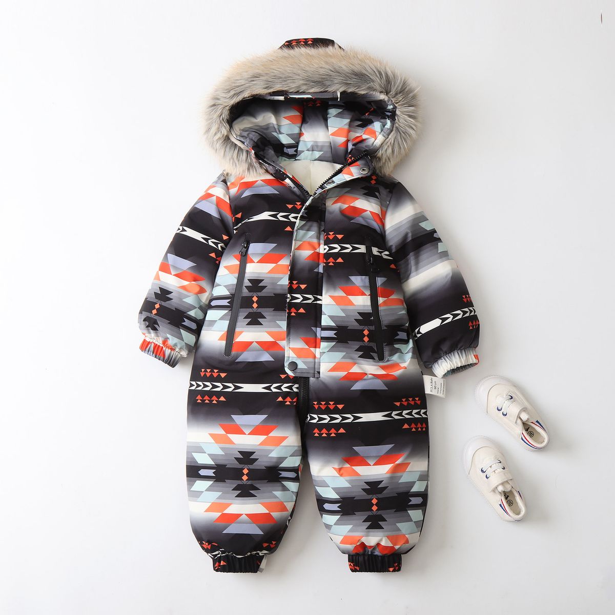 Kindersneeuwpak met fleecevoering en capuchon voor moeder en kinderen - Winter alles-in-één jumpsuit voor peuters, zachte en warme polyester bovenkleding, blauw/zwart (90-120 cm)_voghion.com