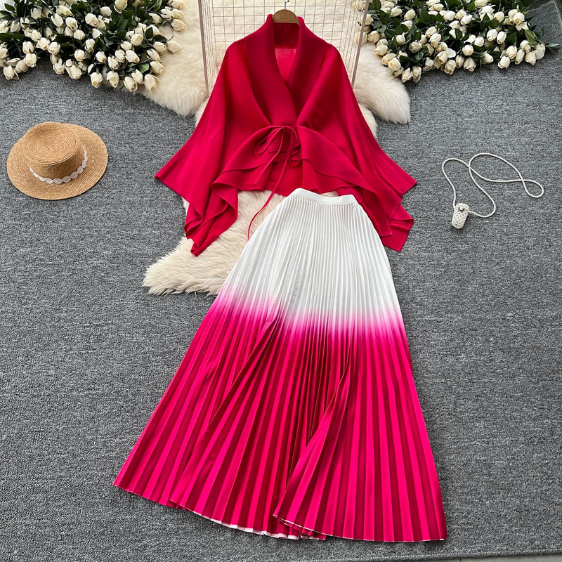 European And American Fashion Gradient Color Suit For Women Loose Strap Waist Pleated Top + High Waist Pleated Skirt_voghion.com