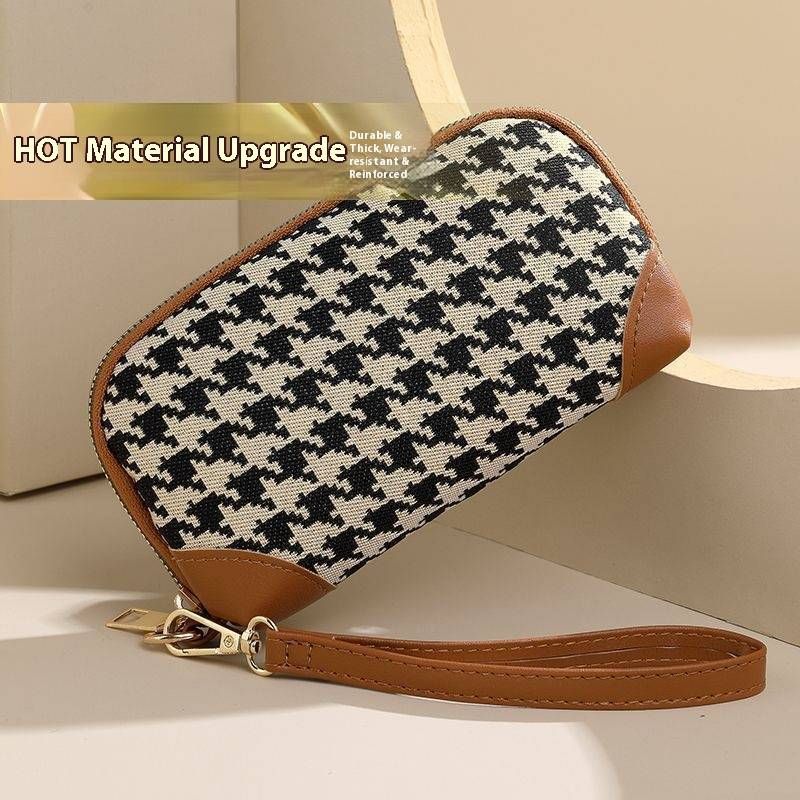 Houndstooth & Solid Color Mini Wallets – Vintage Canvas Coin Purse For Women (Waterproof, Lightweight, Expandable, Dual-Zipper Options)_voghion.com