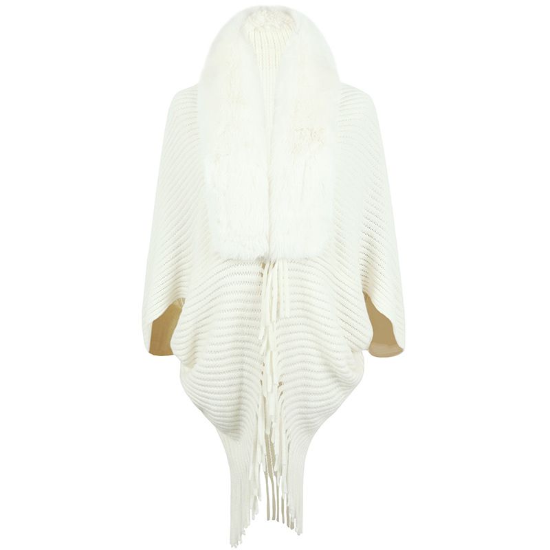Knitted cape coat for women with fur collar fringe cape_voghion.com