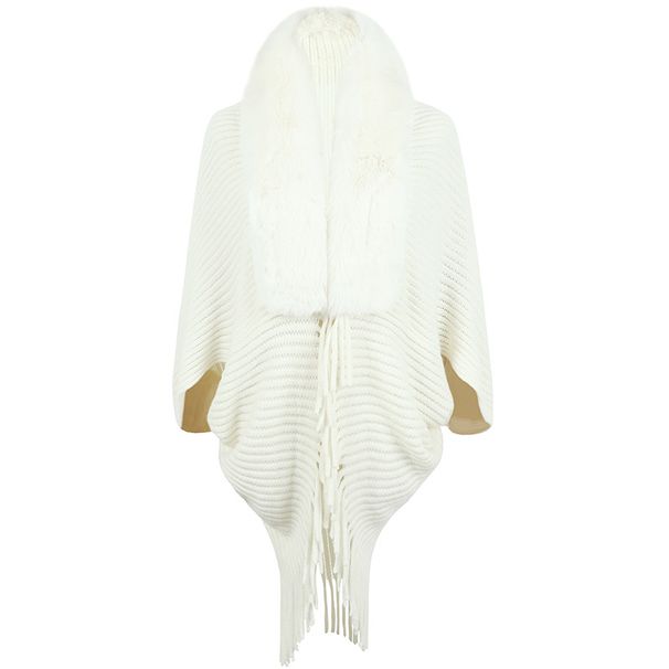 Knitted cape coat for women with fur collar fringe cape_voghion.com