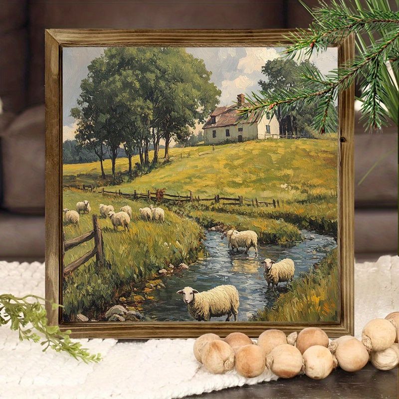 20,3 x 20,3 cm rustikales Holzschild „Schaf am Fluss“ – Vintage-Wandkunst im Bauernhausstil für Badezimmer/Küche/Büro, perfektes Geschenk_voghion.com