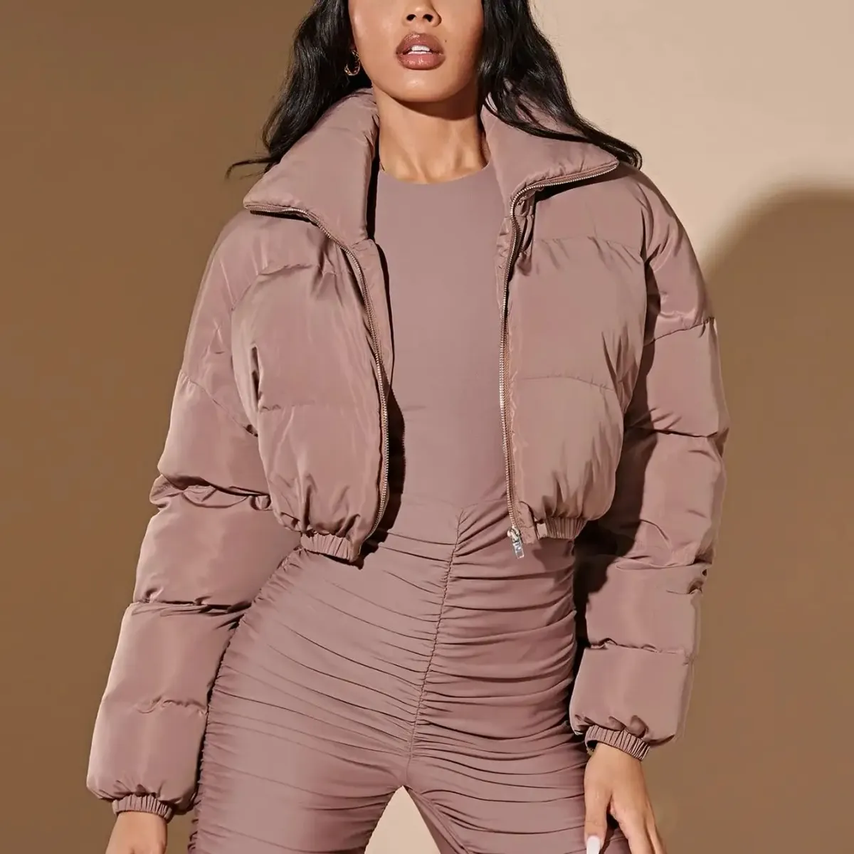 Cappotto corto invernale da donna americano, nuovo, imbottito in cotone, piccolo, tinta unita, con collo alto, cappotto imbottito in cotone_voghion.com