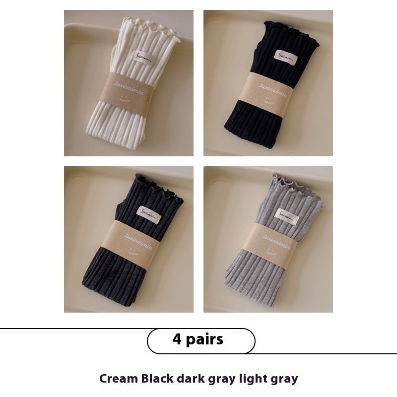 Socks Autumn And Winter New Item Sweet Fungus Edge Vertical Strip Stacking Socks Fabric Label Pure Cotton Mid Tube Socks For Women_voghion.com