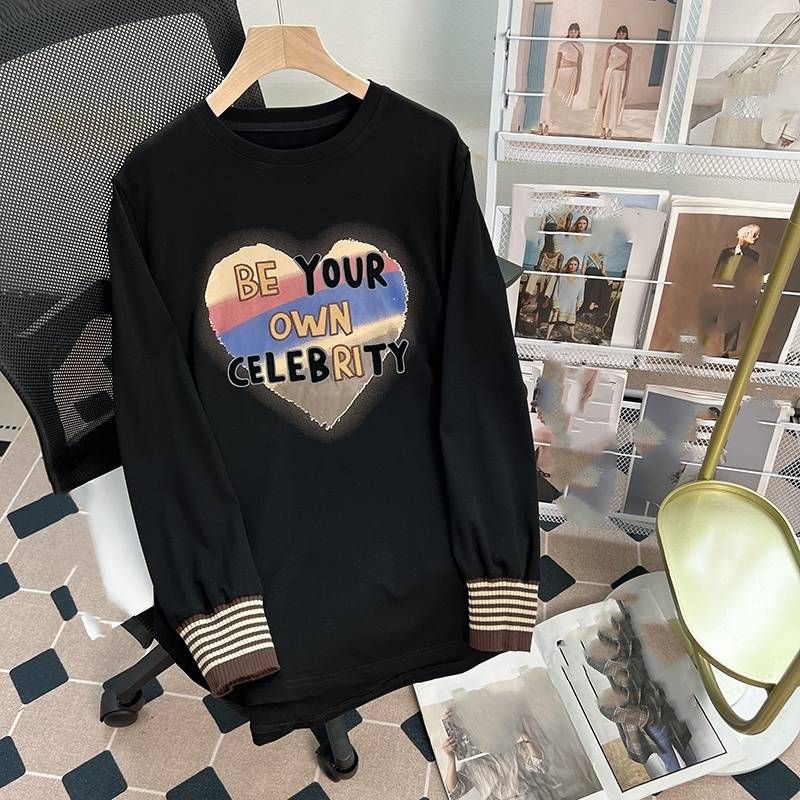280 gram German base shirt women's autumn winter Korean version with thick velvet and printed round neck warm top long_voghion.com