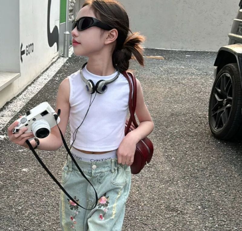 Mãe e filhos meninas jeans bordados meninas crianças grandes calças casuais perna larga meninas calças perna reta_voghion.com