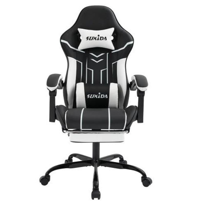 Gaming Chair, Ergonomic High Back With Footrest, 360° Swivel, Adjustable Reclining Back (90-135°), PU Leather, For Gaming/Office/Home - Black & White_voghion.com