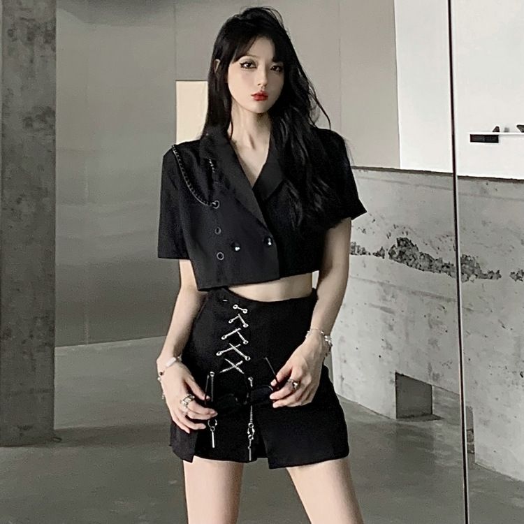 Ensemble blazer d'été taille haute pour femme, style « pure desire », deux pièces, jupe courte_voghion.com