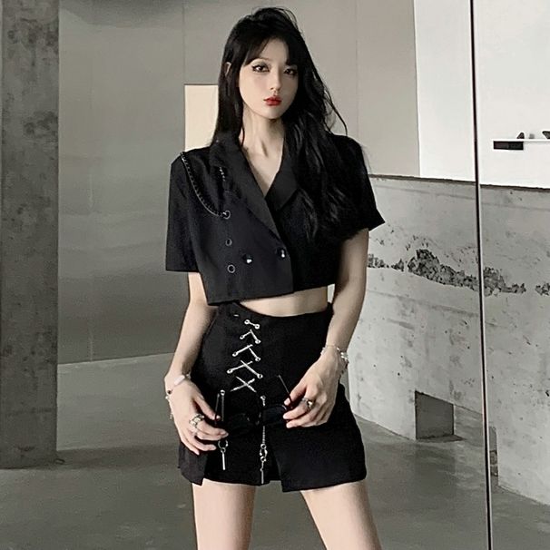 Ensemble blazer d'été taille haute pour femme, style « pure desire », deux pièces, jupe courte_voghion.com