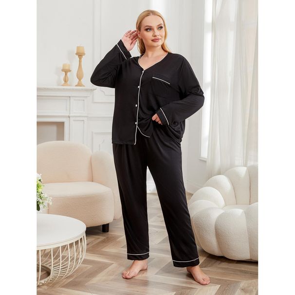 Plus Size Women's Pajama Set - Soft V-Neck Sleepwear For Big & Tall (1XL-4XL) - Lightweight Poly-Cotton Lounge Outfit - Black_voghion.com