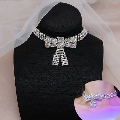 Personalized Sparkling Full Diamond Bow Necklace Women's Multi layer Tassel Collar Chain Nightclub Bounce Di Banquet_voghion.com
