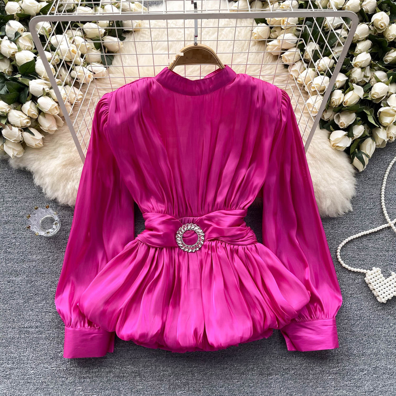 Damenbekleidung Hochwertiges Hemd mit französischer Taille für Damen mit zartem Trägerdesign und einzigartigem plissiertem Lotusblattsaum_voghion.com