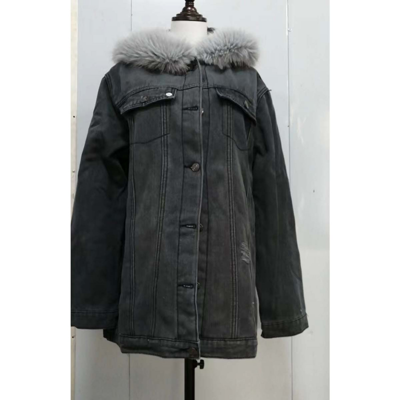 Vêtements pour femmes rétro à capuche grand col en fourrure veste en jean mode décontracté chaud mi-long déchiré manteau vieilli tendance_voghion.com