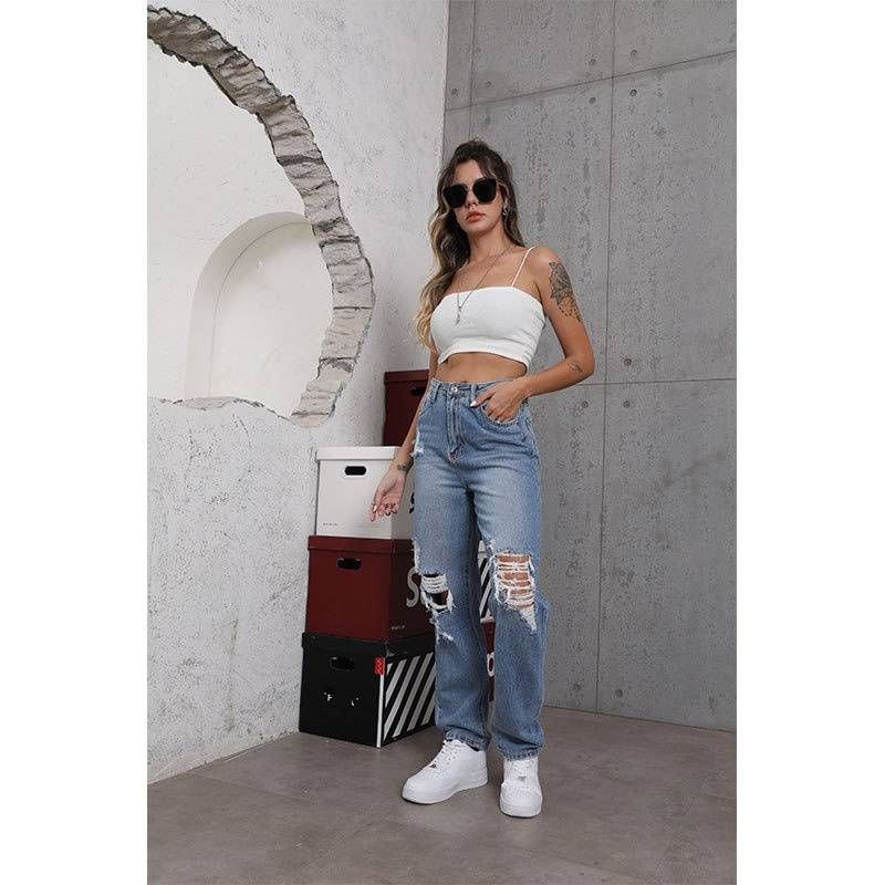 Women's Clothing Street Straight Pants Ripped Thin Light Blue Pants_voghion.com