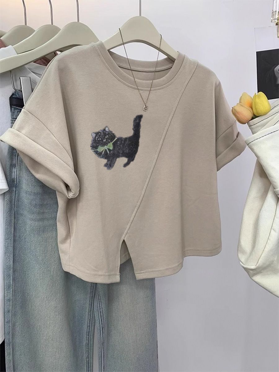 Női ruházat macskamintás tiszta pamut rövid ujjú póló női nyári niche szabálytalan rövid felső_voghion.com