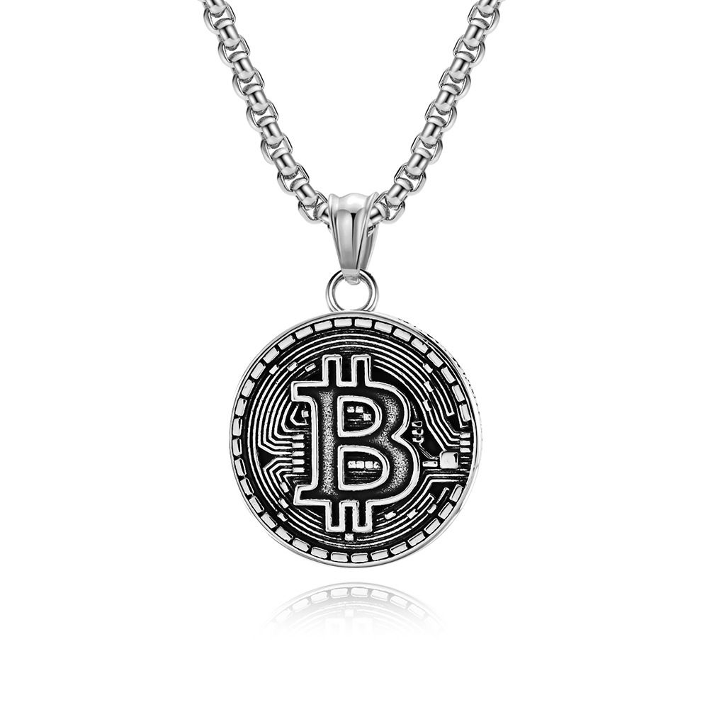 Personalità stile hip hop Bitcoin criptato Collana in acciaio al titanio Bitcoin placcata con moneta in oro K pendente rotondo_voghion.com
