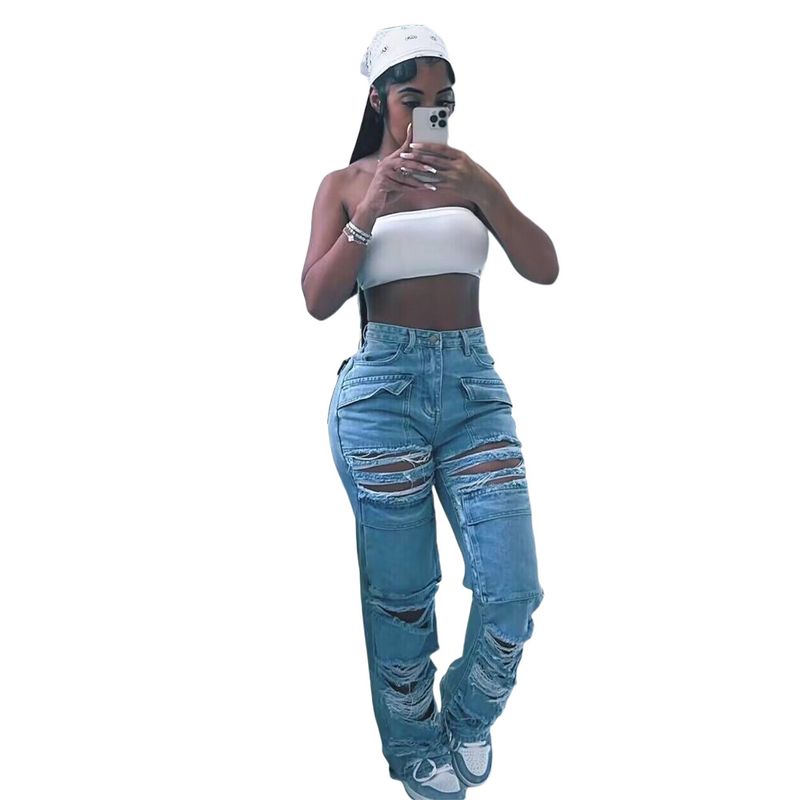 Dámské oblečení Móda Nové ležérní džínové kalhoty F Spot Ripped Denim Overaly_voghion.com