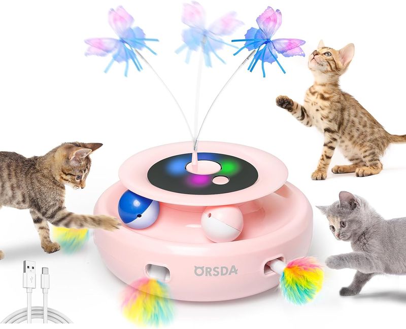 Cat Toy, Automatic Interactive Electronic Moving Ambush Feather,Fluttering Butterfly,Track Balls,USB Rechargeable Powered Smart Indoor Exercise Kicker_voghion.com