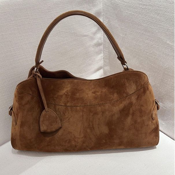 Borsa tote in pelle scamosciata opaca per donna – Borsa a tracolla di media capacità con chiusura magnetica, borsa a tracolla minimalista in marrone chiaro e nero_voghion.com