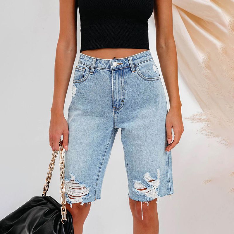  højelastiske bukser med små ben med mellemtalje fem-kvartbukser revne jeans til kvinder er super hotte_voghion.com
