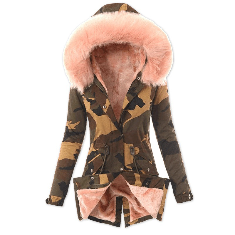 Giacca imbottita in cotone taglie forti da donna con collo in lana spessa imbottita in cotone mimetico con cappuccio da donna_voghion.com