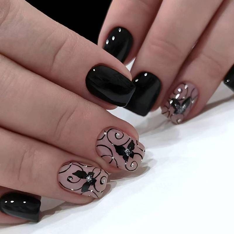 24pcs Short Square Black Vine Dark Wind Butterfly Fashion Sweet Cool Wear Nail Rubbing Strip&Jelly Glue One_voghion.com