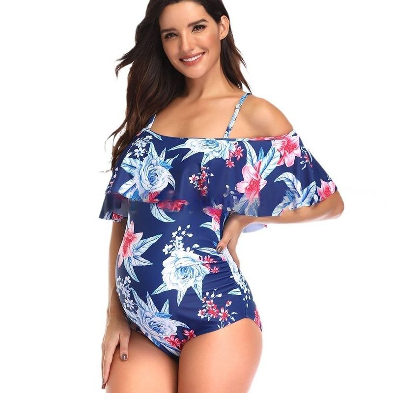 Maternity One-Piece Swimsuit For Women - Sexy Floral Print With Ruffles, Adjustable Straps & Soft Cups Pregnancy & Postpartum Swimwear_voghion.com