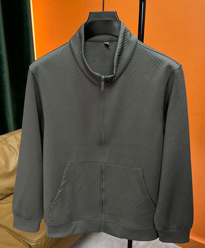 Erkek Slim Fit Yüksek Yaka Fermuarlı Sweatshirt - Nakış Detaylı Hafif Polyester Karışımlı Uzun Kollu Kazak, Modern Günlük Ceket_voghion.com