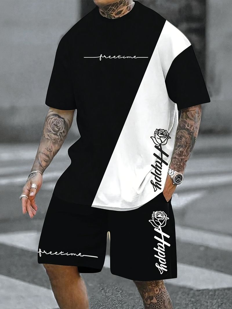 Completo casual da uomo in due pezzi con stampa digitale, composto da maglietta a maniche corte con scollo rotondo e pantaloncini con coulisse e tasche, traspirante e morbido._voghion.com