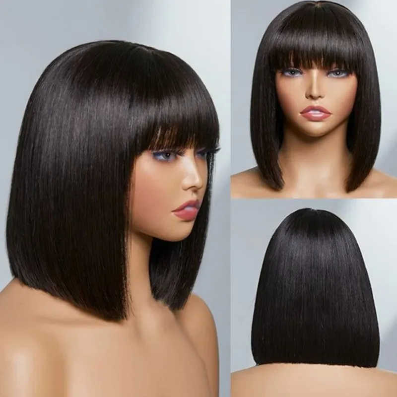 Parrucche Bob Lisce con Capelli Umani con Frangia Parrucca Bob Corta Parrucca Nera Interamente Realizzata a Macchina per Donne Parrucca Capelli Umani_voghion.com