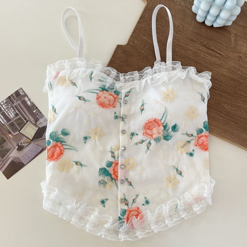 Spitzenblusenhemd mit Blumenmuster, schöner Rücken, sexy Basis, trägerloser Träger mit Blendschutz und festem Körbchen, um die Brust gewickelt_voghion.com