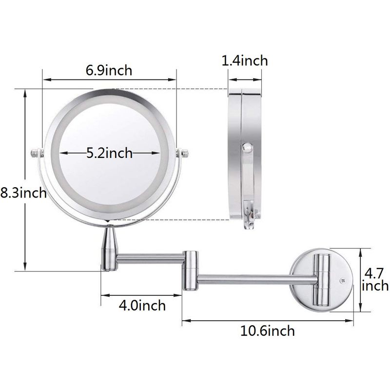 LED-Schminkspiegel zur Wandmontage, 5-fache Vergrößerung, 360° drehbar, beleuchtet, ausziehbarer Kosmetikspiegel mit Licht_voghion.com