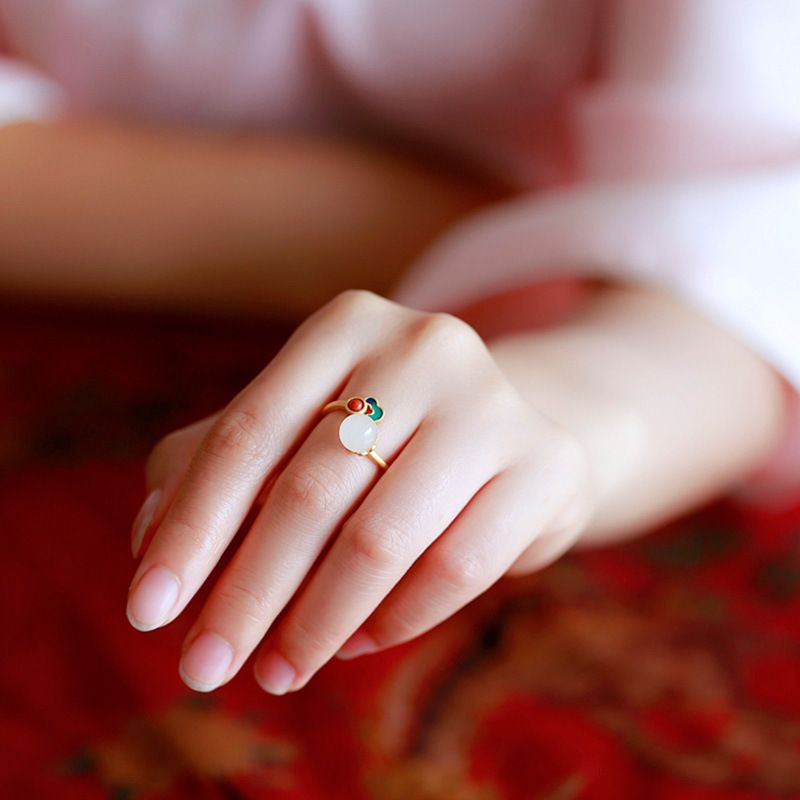 Design VENUS Original Gilt Hetian Jade Ring Enamel Women's Chinese Style Open Ring_voghion.com