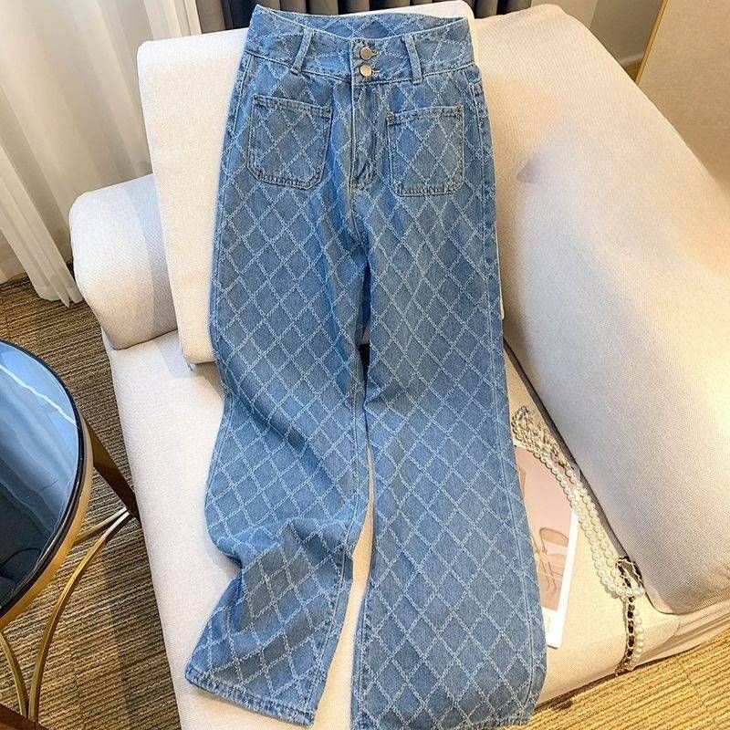 Vêtements pour femmes Printemps Nouveau design diamant taille haute Jeans femme ample amincissant droit jambe large pantalon_voghion.com