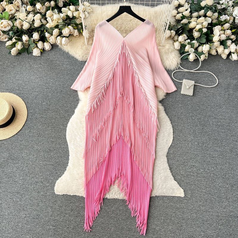 Damenbekleidung Herbstkleidung High-End Leichter, reifer Stil Damenbekleidung Nischendesign Kontrastfarbe Spleißquastenkleid_voghion.com