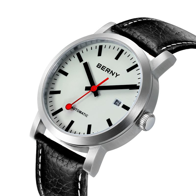 BERNY Automatic Watches For Men Minimalist 5ATM Waterproof Analog Mechanical Leather Watch With Date Luminous Stainless Steel Sapphire Wrist Watch_voghion.com