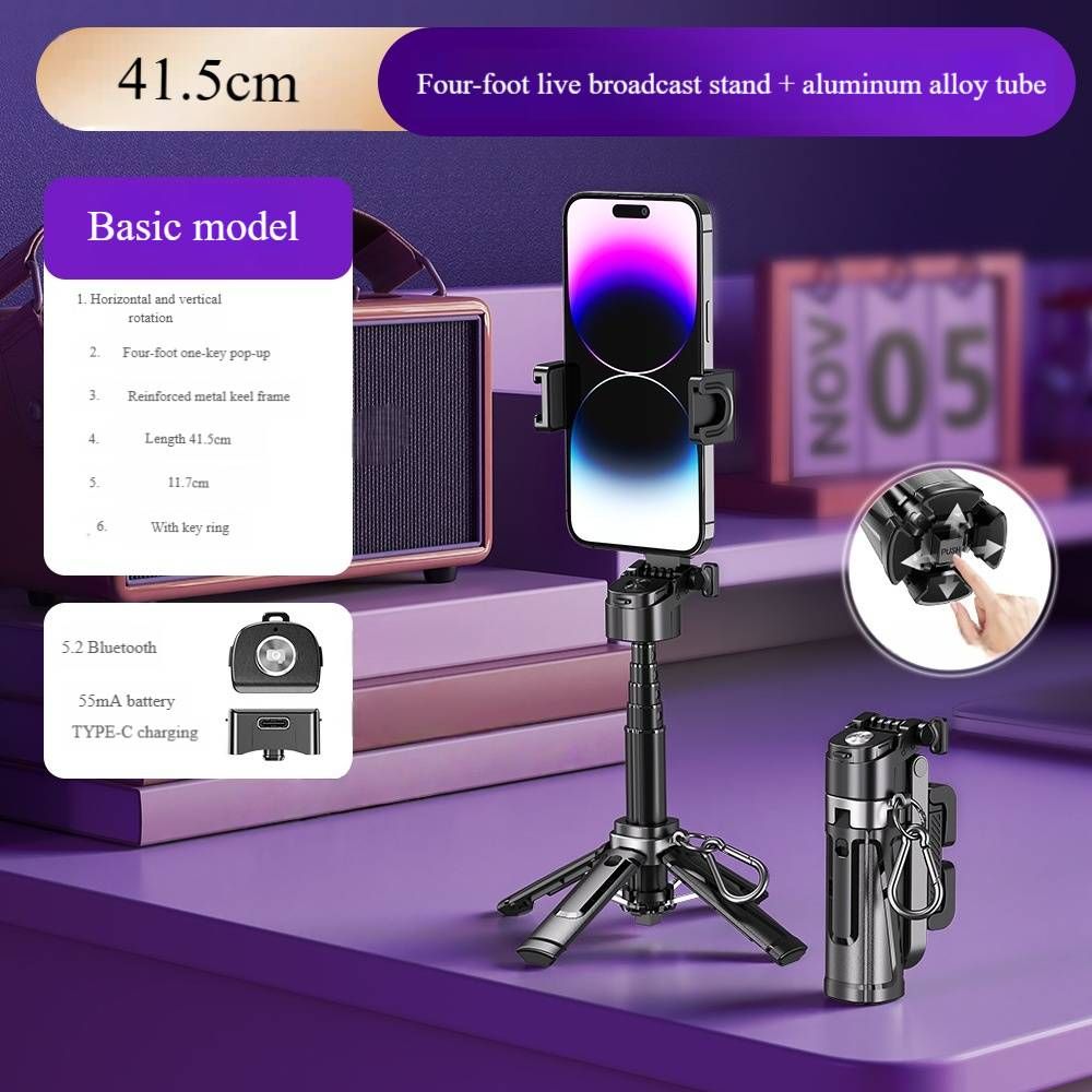 Compact Bluetooth Selfie Stick With Quadpod Stand & Keychain, 41.5cm Portable Aluminum Tripod For Travel Photography (6 Configurations)_voghion.com