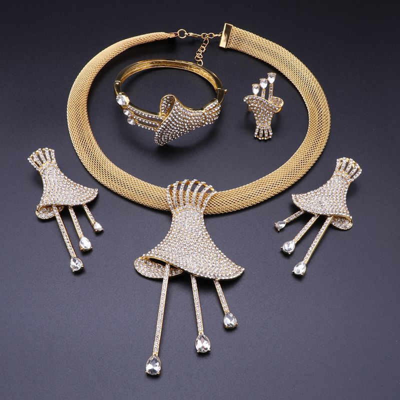Afrikanisches Gold Kristall Brauthochzeitsschmuck Set Frauen Dubai Halskette Armreif Ohrringe Ring Modeschmuck Set_voghion.com