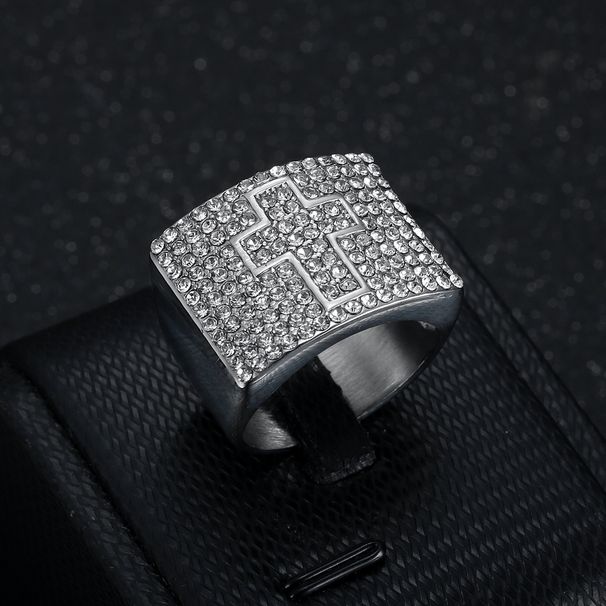 Neuer Herrenring aus 316er Edelstahl/Titanstahl, vergoldet, mit Diamanten besetzt, Kreuz, Hip-Hop_voghion.com