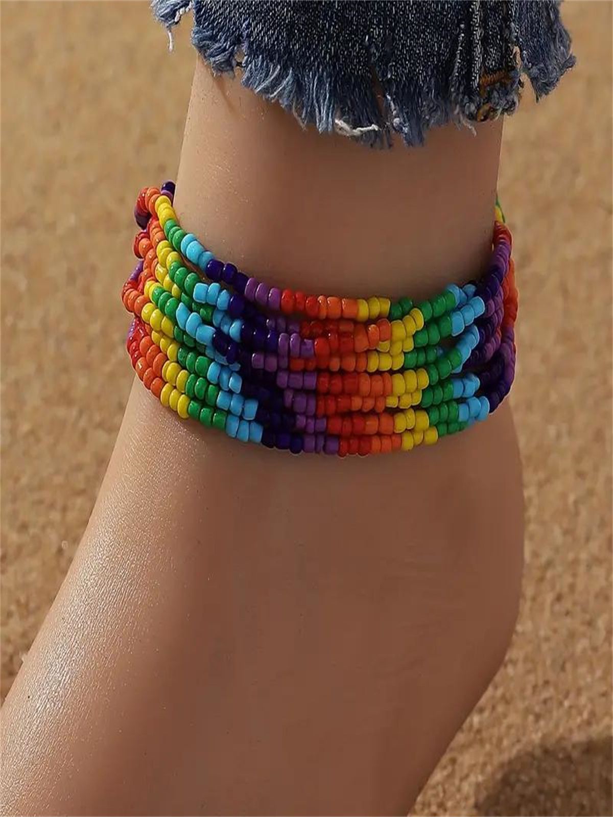 【8PCS】Xiyin Rainbow Anklet Bohemian Rice Elastic Thread String Beads Accessories_voghion.com