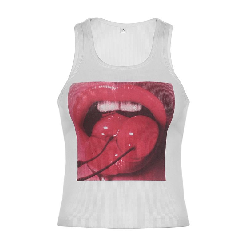 Women's Clothing Knitted Elastic Abstract Big Lips Cherry Print Contrast Color Regular Round Neck Sleeveless Pullover Vest_voghion.com
