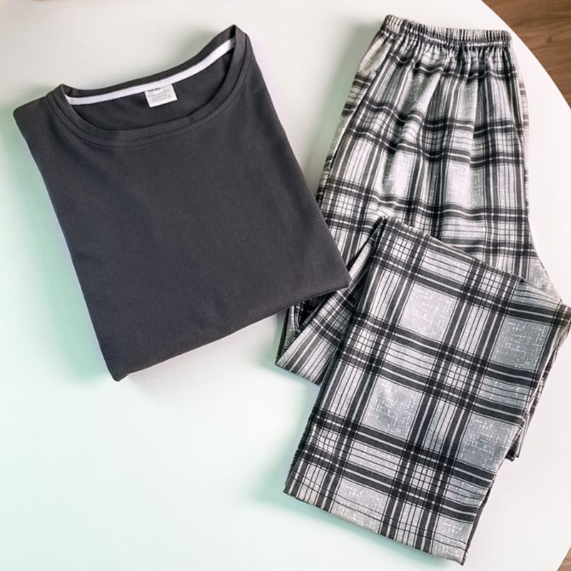 Pijamale pentru cupluri, stil primăvară și toamnă, cu mâneci lungi, din material textil, 2024, casual, în carouri_voghion.com