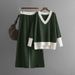 Damenbekleidung Herbst und Winter neuer V-Ausschnitt Kontrastfarbe Strickpullover lockere Hose mit weitem Bein zweiteiliger Anzug_voghion.com