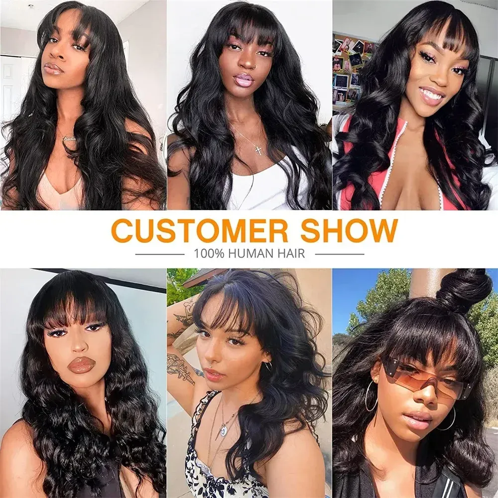 Body Wave Human Hair Wig With Bang For Women 180 Density Remy Indian Hair Full Machine Made Body Wave Wig With Bangs_voghion.com
