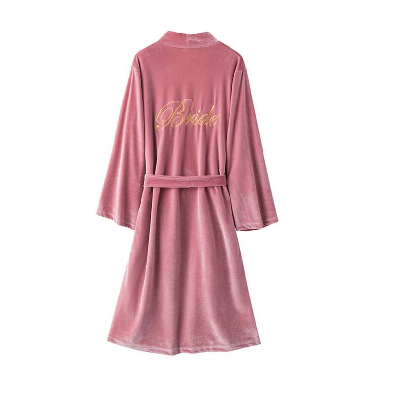 Bride's dressing gown spring, gold velvet nightgown wedding party bridesmaid dress embroidered red pajamas two-piece nightgown_voghion.com